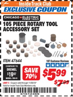 Harbor Freight ITC Coupon 105 PIECE ROTARY TOOL ACCESSORY SET Lot No. 47644 Expired: 11/30/19 - $5.99