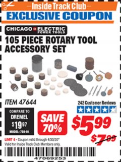 Harbor Freight ITC Coupon CHICAGO ELECTRIC 105 PC. ROTARY TOOL ACCESSORY SET Lot No. 47644 Expired: 4/30/20 - $5.99