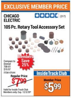 Harbor Freight ITC Coupon 105 PIECE ROTARY TOOL ACCESSORY SET Lot No. 47644 Expired: 12/3/20 - $5.99