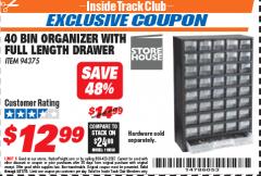 Harbor Freight ITC Coupon 40 BIN ORGANIZER WITH FULL LENGTH DRAWER Lot No. 94375 Expired: 5/31/18 - $12.99