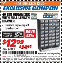 Harbor Freight ITC Coupon STOREHOUSE 40-BIN ORGANIZER WITH FULL LENGTH DRAWER Lot No. 94375 Expired: 5/31/19 - $12.99