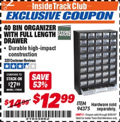 Harbor Freight ITC Coupon 40 BIN ORGANIZER WITH FULL LENGTH DRAWER Lot No. 94375 Expired: 9/30/19 - $12.99