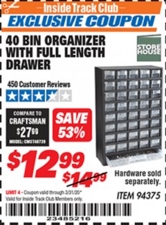Harbor Freight ITC Coupon 40 BIN ORGANIZER WITH FULL LENGTH DRAWER Lot No. 94375 Expired: 3/31/20 - $12.99