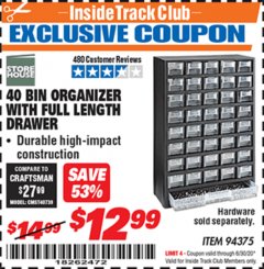 Harbor Freight ITC Coupon 40 BIN ORGANIZER WITH FULL LENGTH DRAWER Lot No. 94375 Expired: 6/30/20 - $12.99