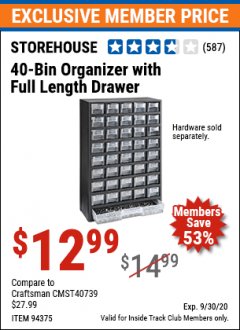 Harbor Freight ITC Coupon 40 BIN ORGANIZER WITH FULL LENGTH DRAWER Lot No. 94375 Expired: 9/30/20 - $12.99