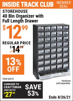 Harbor Freight ITC Coupon 40 BIN ORGANIZER WITH FULL LENGTH DRAWER Lot No. 94375 Expired: 8/26/21 - $12.99