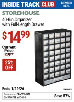 Harbor Freight ITC Coupon STOREHOUSE 40-BIN ORGANIZER WITH FULL-LENGTH DRAWER Lot No. 94375 Valid Thru: 1/29/26 - $14.99