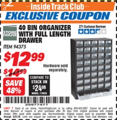 Harbor Freight ITC Coupon 40 BIN ORGANIZER WITH FULL LENGTH DRAWER Lot No. 94375 Expired: 3/31/19 - $12.99