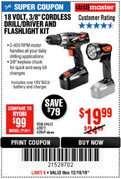 Harbor Freight Coupon 18 VOLT CORDLESS 3/8" DRILL/DRIVER AND FLASHLIGHT KIT Lot No. 68287/69652/62869/62872 Expired: 12/16/18 - $19.99