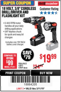 Harbor Freight Coupon 18 VOLT CORDLESS 3/8" DRILL/DRIVER AND FLASHLIGHT KIT Lot No. 68287/69652/62869/62872 Expired: 3/31/19 - $19.99