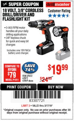 Harbor Freight Coupon 18 VOLT CORDLESS 3/8" DRILL/DRIVER AND FLASHLIGHT KIT Lot No. 68287/69652/62869/62872 Expired: 3/17/19 - $19.99