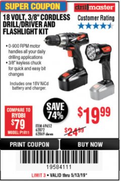 Harbor Freight Coupon 18 VOLT CORDLESS 3/8" DRILL/DRIVER AND FLASHLIGHT KIT Lot No. 68287/69652/62869/62872 Expired: 5/13/19 - $19.99