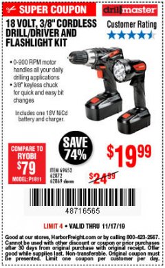 Harbor Freight Coupon 18 VOLT CORDLESS 3/8" DRILL/DRIVER AND FLASHLIGHT KIT Lot No. 68287/69652/62869/62872 Expired: 11/17/19 - $19.99