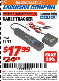 Harbor Freight ITC Coupon CABLE TRACKER Lot No. 94181 Expired: 9/30/18 - $17.99