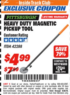 Harbor Freight ITC Coupon HEAVY DUTY MAGNETIC PICKUP TOOL Lot No. 42288 Expired: 9/30/18 - $4.99