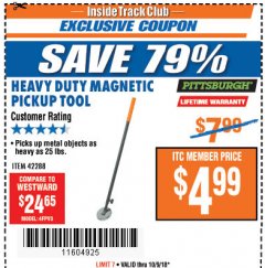 Harbor Freight ITC Coupon HEAVY DUTY MAGNETIC PICKUP TOOL Lot No. 42288 Expired: 10/9/18 - $4.99