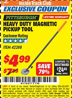 Harbor Freight ITC Coupon HEAVY DUTY MAGNETIC PICKUP TOOL Lot No. 42288 Expired: 11/30/18 - $4.99