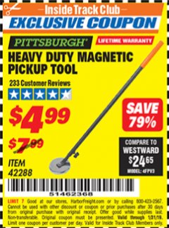 Harbor Freight ITC Coupon HEAVY DUTY MAGNETIC PICKUP TOOL Lot No. 42288 Expired: 1/31/19 - $4.99