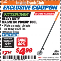 Harbor Freight ITC Coupon HEAVY DUTY MAGNETIC PICKUP TOOL Lot No. 42288 Expired: 3/31/20 - $4.99