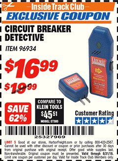 Harbor Freight ITC Coupon CIRCUIT BREAKER DETECTIVE Lot No. 96934 Expired: 8/31/18 - $16.99