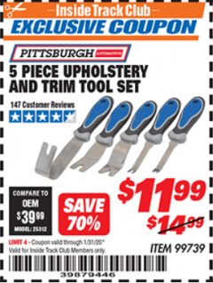 Harbor Freight ITC Coupon 5 PIECE UPHOLSTERY AND TRIM TOOL SET Lot No. 99739 Expired: 1/31/20 - $11.99