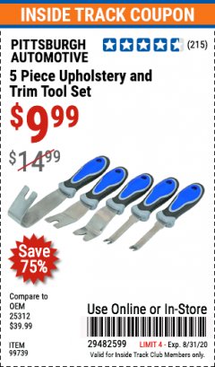 Harbor Freight ITC Coupon 5 PIECE UPHOLSTERY AND TRIM TOOL SET Lot No. 99739 Expired: 8/31/20 - $9.99