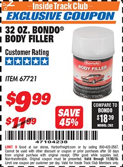 Harbor Freight ITC Coupon BONDO 1 QT. BODY FILLER Lot No. 67721 Expired: 11/30/18 - $9.99