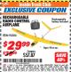 Harbor Freight ITC Coupon RECHARGEABLE RADIO CONTROL AIRPLANE Lot No. 92304 Expired: 8/31/17 - $29.99