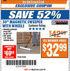 Harbor Freight ITC Coupon CENTRAL MACHINERY 30 IN. MAGNETIC SWEEPER WITH WHEELS Lot No. 93245 Expired: 5/22/18 - $32.99