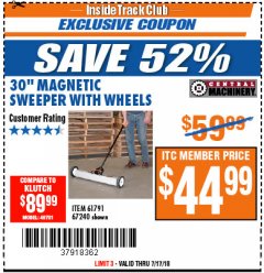 Harbor Freight ITC Coupon CENTRAL MACHINERY 30 IN. MAGNETIC SWEEPER WITH WHEELS Lot No. 93245 Expired: 7/31/18 - $44.9