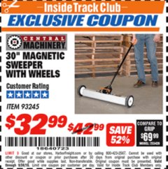 Harbor Freight ITC Coupon CENTRAL MACHINERY 30 IN. MAGNETIC SWEEPER WITH WHEELS Lot No. 93245 Expired: 9/30/18 - $32.99