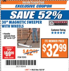 Harbor Freight ITC Coupon CENTRAL MACHINERY 30 IN. MAGNETIC SWEEPER WITH WHEELS Lot No. 93245 Expired: 10/2/18 - $32.99