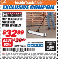 Harbor Freight ITC Coupon CENTRAL MACHINERY 30 IN. MAGNETIC SWEEPER WITH WHEELS Lot No. 93245 Expired: 1/31/19 - $32.99