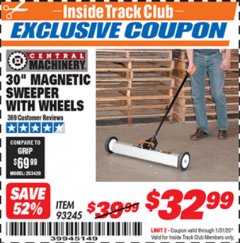 Harbor Freight ITC Coupon CENTRAL MACHINERY 30 IN. MAGNETIC SWEEPER WITH WHEELS Lot No. 93245 Expired: 1/31/20 - $32.99