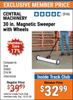 Harbor Freight ITC Coupon CENTRAL MACHINERY 30 IN. MAGNETIC SWEEPER WITH WHEELS Lot No. 93245 Expired: 10/31/20 - $32.99