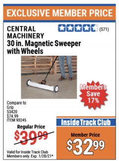 Harbor Freight ITC Coupon CENTRAL MACHINERY 30 IN. MAGNETIC SWEEPER WITH WHEELS Lot No. 93245 Expired: 1/28/21 - $32.99