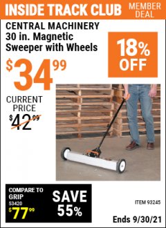 Harbor Freight ITC Coupon CENTRAL MACHINERY 30 IN. MAGNETIC SWEEPER WITH WHEELS Lot No. 93245 Expired: 9/30/21 - $34.99