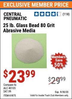 Harbor Freight ITC Coupon 25 LB. GLASS BEAD 80 GRIT ABRASIVE MEDIA Lot No. 61875 Expired: 9/30/20 - $23.99