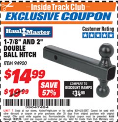 Harbor Freight ITC Coupon 2" DOUBLE BALL HITCH Lot No. 94900 Expired: 10/31/18 - $14.99