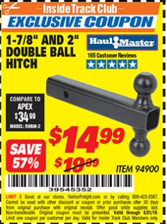 Harbor Freight ITC Coupon 2" DOUBLE BALL HITCH Lot No. 94900 Expired: 8/31/19 - $14.99