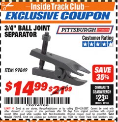 Harbor Freight ITC Coupon 3/4" BALL JOINT SEPARATOR Lot No. 99849 Expired: 7/31/18 - $14.99
