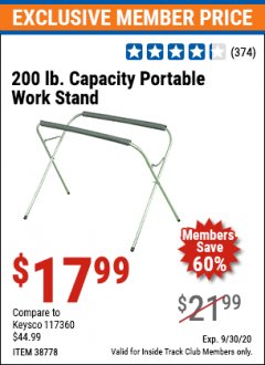 Harbor Freight ITC Coupon PORTABLE WORK STAND Lot No. 38778 Expired: 9/30/20 - $17.99