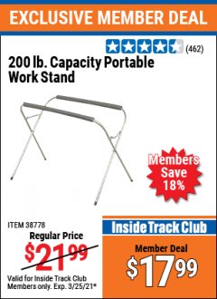 Harbor Freight ITC Coupon PORTABLE WORK STAND Lot No. 38778 Expired: 3/25/21 - $17.99