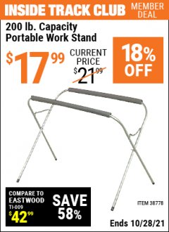 Harbor Freight ITC Coupon PORTABLE WORK STAND Lot No. 38778 Expired: 10/28/21 - $17.99