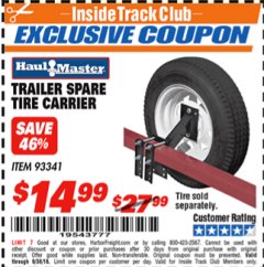 Harbor Freight ITC Coupon TRAILER SPARE TIRE CARRIER Lot No. 93341 Expired: 9/30/18 - $14.99