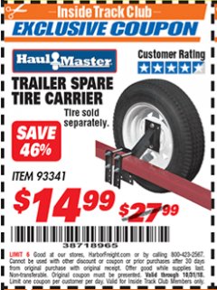 Harbor Freight ITC Coupon HAUL-MASTER TRAILER SPARE TIRE CARRIER Lot No. 93341 Expired: 10/31/18 - $14.99