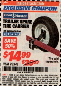 Harbor Freight ITC Coupon HAUL-MASTER TRAILER SPARE TIRE CARRIER Lot No. 93341 Expired: 7/31/19 - $14.99