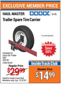 Harbor Freight Coupon TRAILER SPARE TIRE CARRIER Lot No. 93341 Expired: 12/3/20 - $14.99
