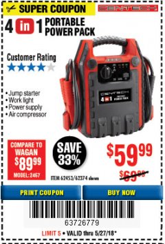 Harbor Freight Coupon 4-IN-1 JUMP STARTER WITH AIR COMPRESSOR Lot No. 60666/69401/62374/62453 Expired: 5/27/18 - $59.99