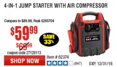 Harbor Freight Coupon 4-IN-1 JUMP STARTER WITH AIR COMPRESSOR Lot No. 60666/69401/62374/62453 Expired: 12/31/18 - $59.99